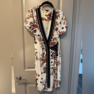 Anthropologie Maeve White Floral Wrap Dress with Navy Trim
